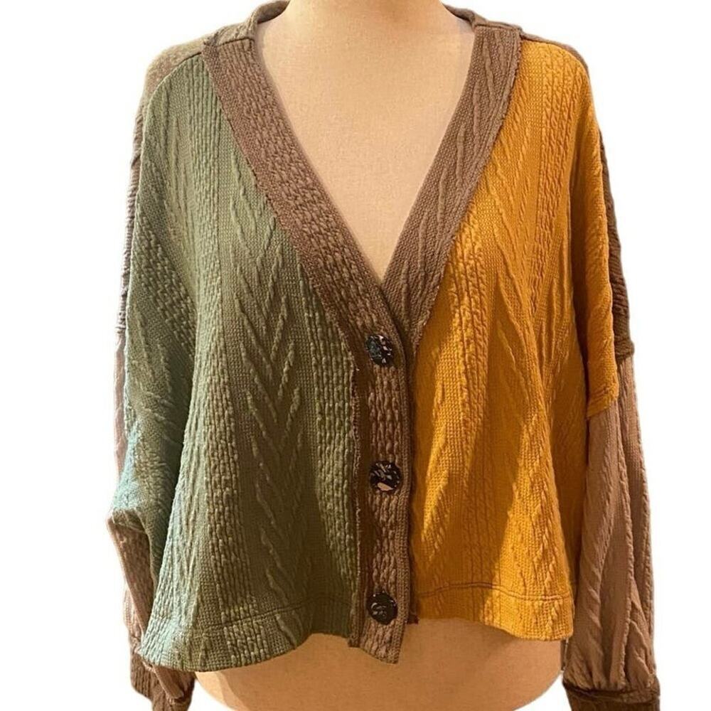 BUCKETLIST Women's Cropped, Color Block Sweater, M, Green/Yellow/Brown